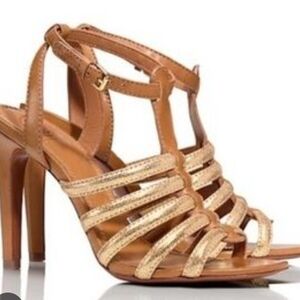 Tory Burch Gold and Tan Strappy Heels